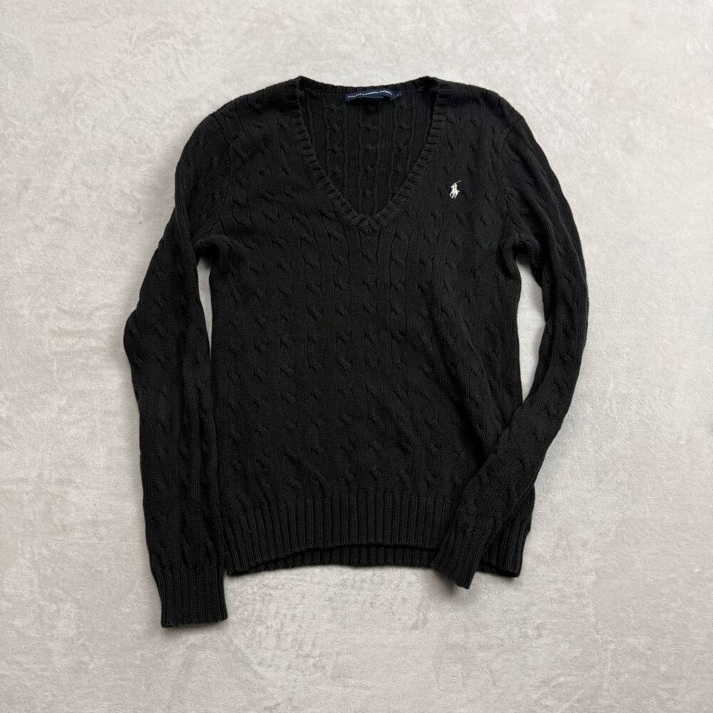 Ralph Lauren Sport Women's Sweater Black Size L Cable Knit V-Neck Pullover